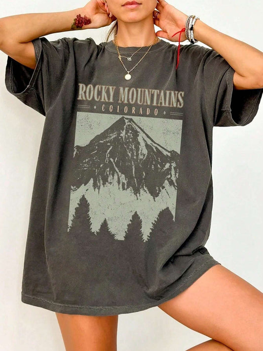 Amalia™ | T-Shirt "Rocky Mountains" In Vintage-schwarz – Urban Streetstyle mit Retro-Vibe