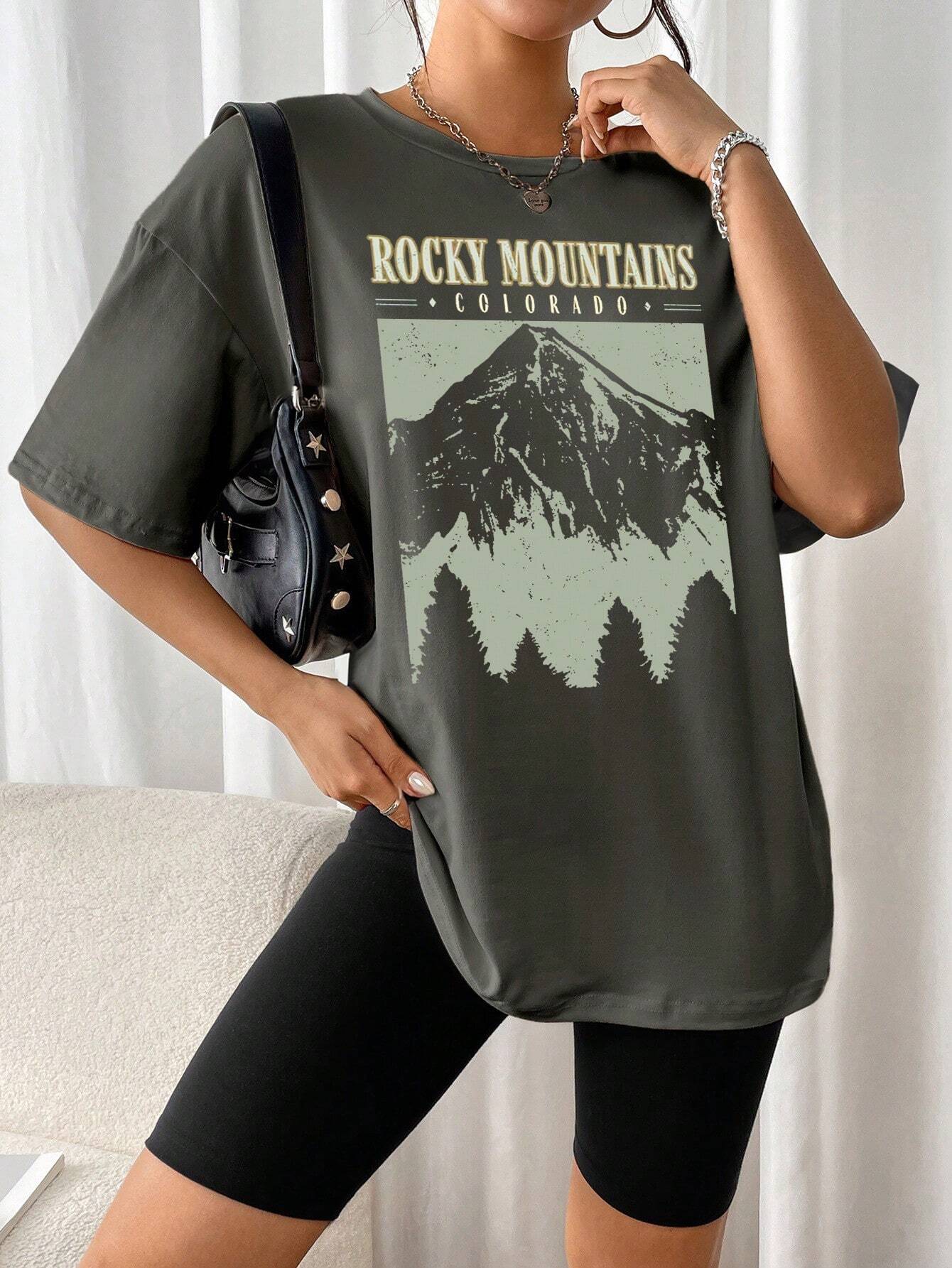 Amalia™ | T-Shirt "Rocky Mountains" In Vintage-schwarz – Urban Streetstyle mit Retro-Vibe