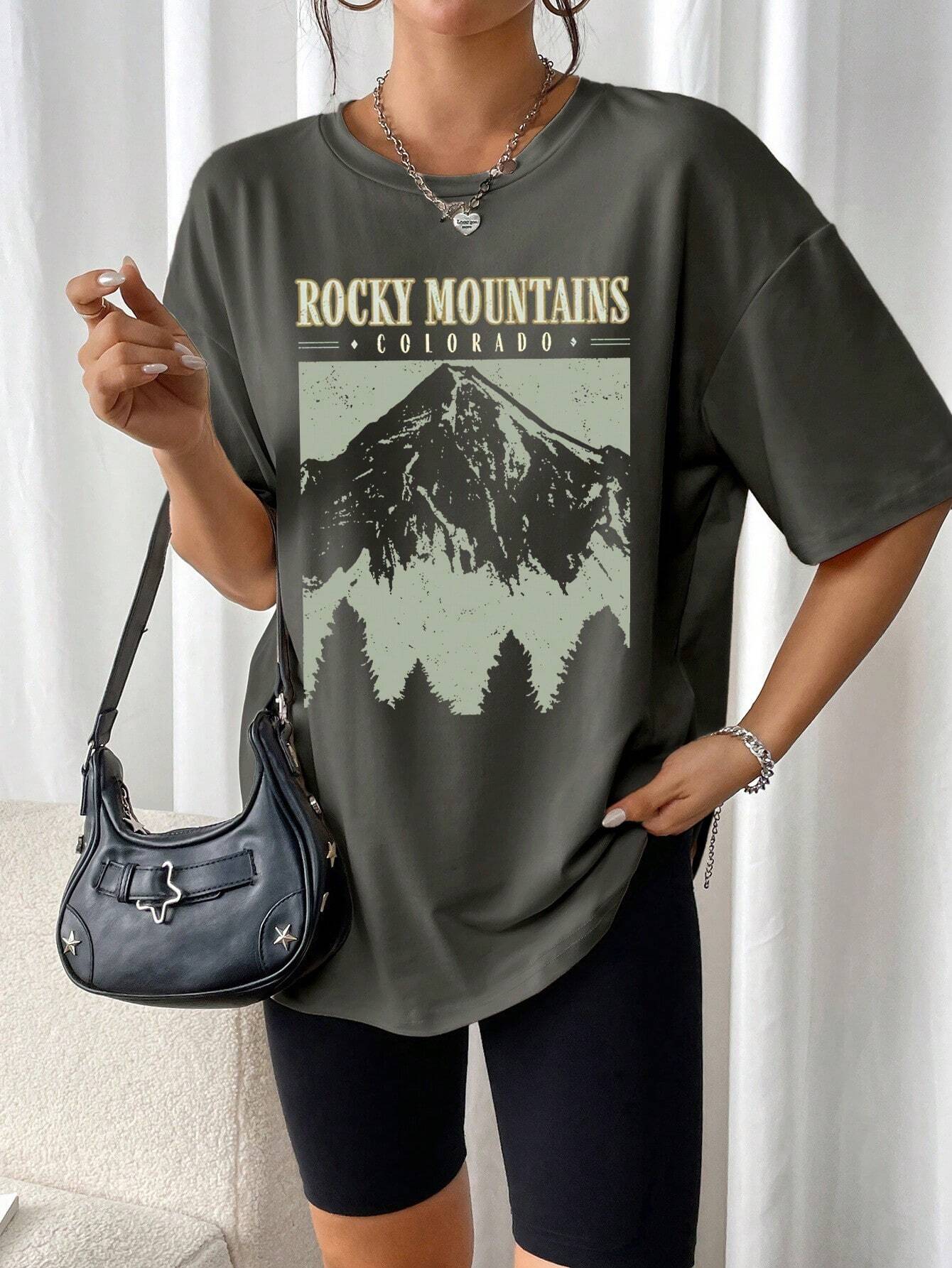 Amalia™ | T-Shirt "Rocky Mountains" In Vintage-schwarz – Urban Streetstyle mit Retro-Vibe
