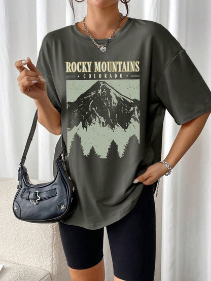 Amalia™ | T-Shirt "Rocky Mountains" In Vintage-schwarz – Urban Streetstyle mit Retro-Vibe