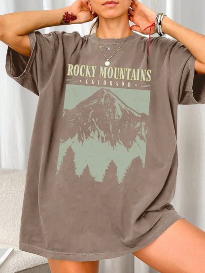 Amalia™ | T-Shirt "Rocky Mountains" In Vintage-schwarz – Urban Streetstyle mit Retro-Vibe